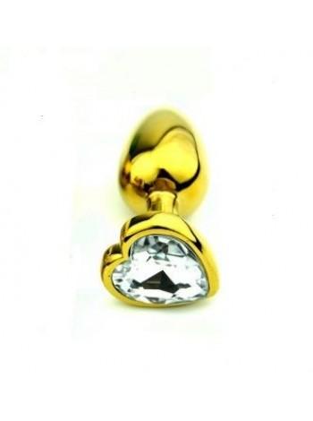 Золотистая анальная пробка Gold Metal Heart Diamond, 8,5х3,5см