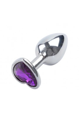 Металлическая анальная пробка Silver Metal Heart Dark Violet, 8,5х3,5см