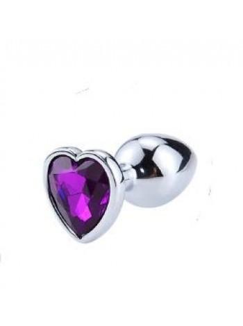 Металлическая анальная пробка Silver Heart Dark Violet, 8,5х3,5см