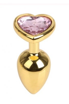 Золотиста анальна пробка Gold Metal Heart Light Pink, 8,5х3,5см