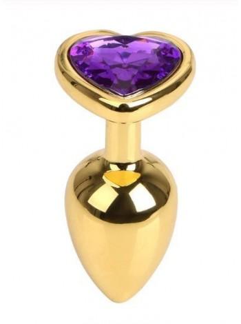 Золотиста анальна пробка Gold Metal Heart Dark Violet, 7,5х2,8см