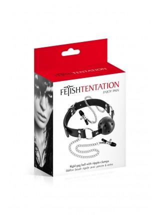 Breathable gag with clips for nipples Fetish Tentation Rigid Gag Ball with Nipple Clamps