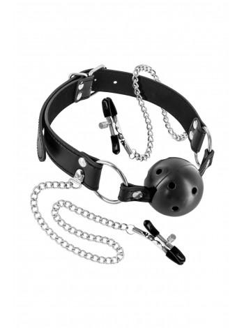 Breathable gag with clips for nipples Fetish Tentation Rigid Gag Ball with Nipple Clamps