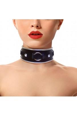 Genuine leather collar with rhinestones and Art of Sex - Collar Ring