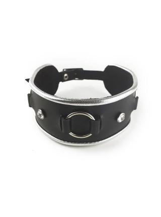 Genuine leather collar with rhinestones and Art of Sex - Collar Ring