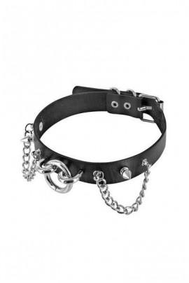 Ошейник из экокожи с цепочками, шипами и кольцом Fetish Tentation Choker Rings and Chains