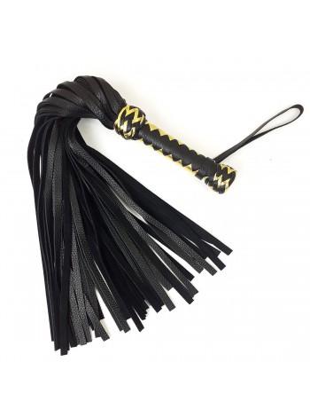Classic black flogger with golden handle, genuine leather, 50 tails, 50cm each, handle 20cm