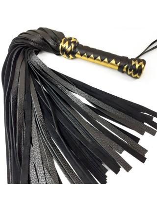 Classic black flogger with golden handle, genuine leather, 50 tails, 50cm each, handle 20cm
