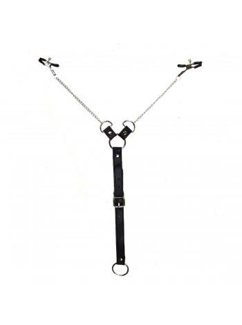 Зажимы для сосков с фиксацией на мошонке Nipple Clamps for Men, Эко кожа