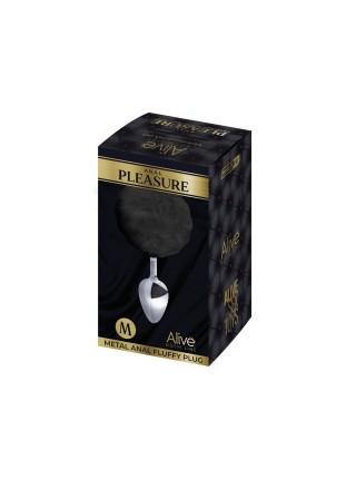 Металева анальна пробка Кролячий хвостик Alive Fluffy Plug M Black, діаметр 3,4 см
