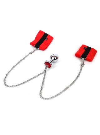 Handcuffs with Metal Anal Plug size M Red