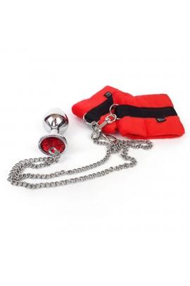 Наручники с металлической анальной пробкой Art of Sex Handcuffs with Metal Anal Plug size M Red