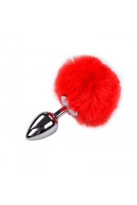 Metal anal plug Rabbit tail Alive Fluffy Plug M Red, diameter 3.4 cm