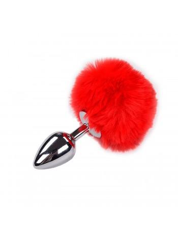 Metal anal plug Rabbit tail Alive Fluffy Plug M Red, diameter 3.4 cm