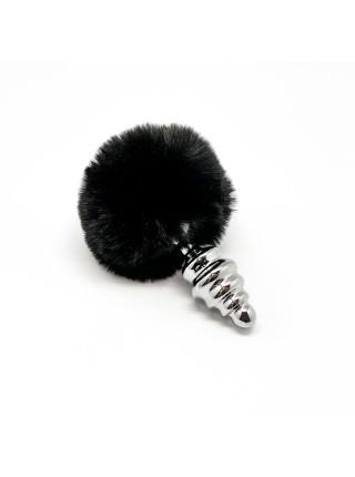Металлическая анальная пробка Кроличий хвостик Alive Fluffy Twist Plug M Black, диаметр 3,4 см
