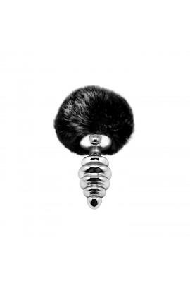 Металлическая анальная пробка Кроличий хвостик Alive Fluffy Twist Plug M Black, диаметр 3,4 см