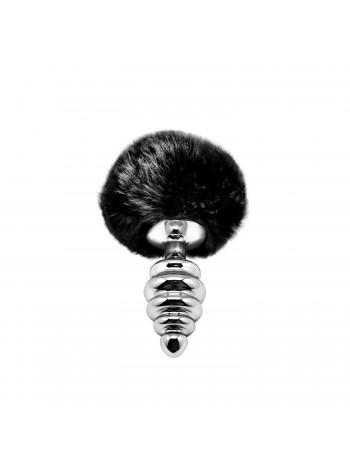 Металлическая анальная пробка Кроличий хвостик Alive Fluffy Twist Plug M Black, диаметр 3,4 см