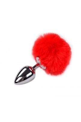 Metal anal plug Rabbit tail Alive Fluffy Plug L Red, diameter 3.9 cm