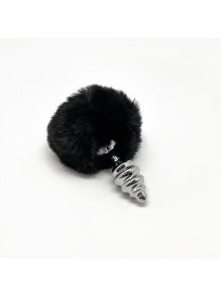 Металлическая анальная пробка Кроличий хвостик Alive Fluffy Twist Plug S Black, диаметр 2,9 см