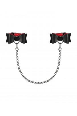 Leather handcuffs with long chain of Obessive A745 CUFFS, black-red, long chain
