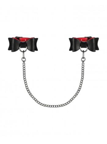 Leather handcuffs with long chain of Obessive A745 CUFFS, black-red, long chain