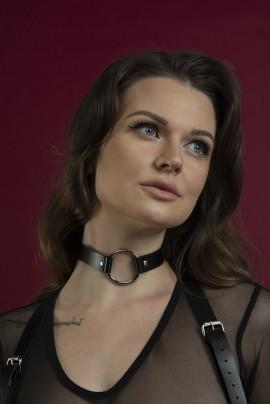 Чорний чокер на шию з кільцем Feral Feelings - O-Ring Collar, натуральна шкіра