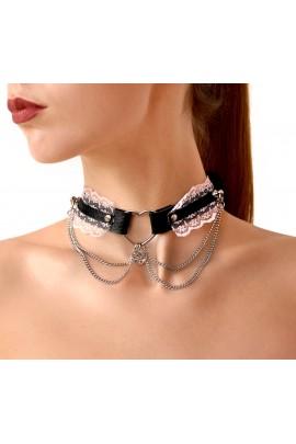 Sexy choker Art of Sex - Karen made of genuine leather, black and pink