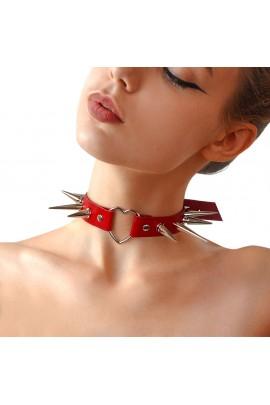 Choker heart with large thorns, from genuine leather art of sex - crystal, color red