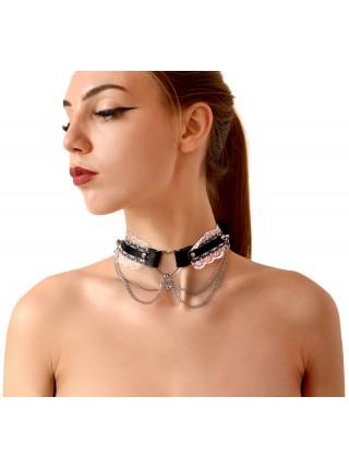 Сексуальний чокер Art of Sex - Karen з натуральної шкіри, Чорно-рожевий