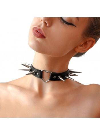 Choker heart with large thorns, from genuine leather art of sex - crystal, color black