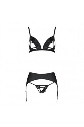 Комплект из эко-кожи Passion Miley Set black L/XL: трусики, бюстгальтер, пояс для чулок