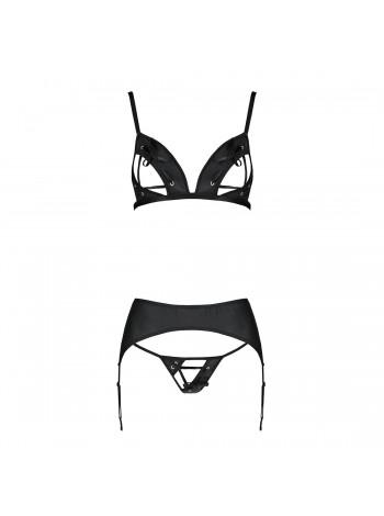 Комплект из эко-кожи Passion Miley Set black L/XL: трусики, бюстгальтер, пояс для чулок