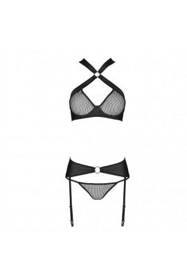 Mesh set: a bra with halter, panties and belts for stockings Amanda Set Black S/M - PASSION
