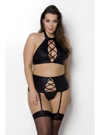 Комплект із екошкіри Passion Nancy Set 6XL/7XL black, імітація шнурівки, топ, пояс для панчіх
