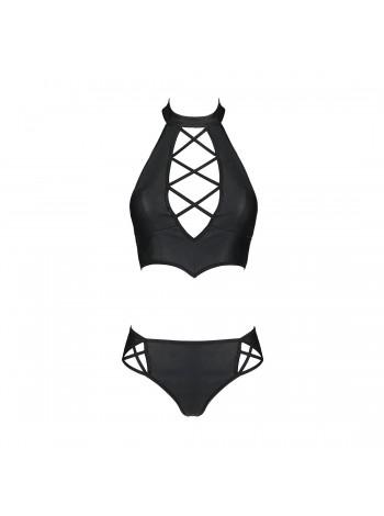 Комплект из эко-кожи Nancy Bikini black S/M - Passion, бра и трусики с имитацией шнуровки
