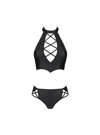 Комплект з еко-шкіри Nancy Bikini black S/M - Passion, бра та трусики з імітацією шнурівки
