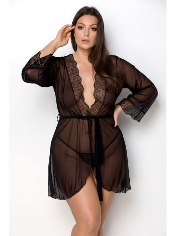 Пеньюар Passion Amberly Peignoir 4XL/5XL black, ажурные декольте и манжеты, широкие рукава