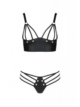 Комплект из экокожи Passion Malwia Bikini 4XL/5XL black, с люверсами и ремешками, бра, трусики