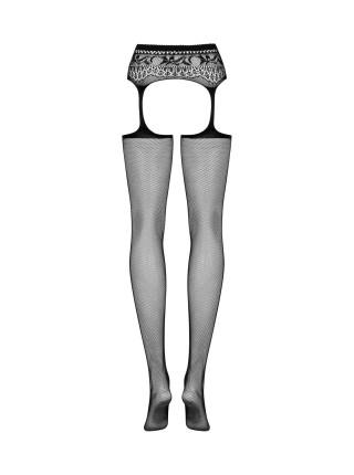 Сетчатые чулки-стокинги с кружевным поясом Obsessive Garter stockings S307 S/M/L, черные, имитация г