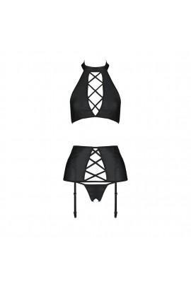 Комплект из эко-кожи с имитацией шнуровки Nancy Set black L/XL - Passion топ, трусики и пояс для чул
