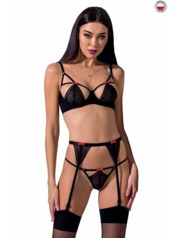 Комплект білизни PERDITA SET black S/M - Passion Exclusive: стрепи: ліф, стрінги і пояс для панчіх
