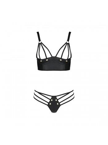 Комплект з екошкіри з люверсами та ремінцями Malwia Bikini black S/M — Passion, бра та трусики