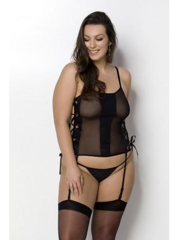 Сітчастий корсет з екошкіри Passion Malwia Corset 6XL/7XL black, з люверсами та знімними пажами