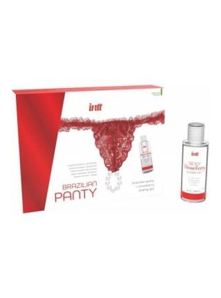 Набір Intt BRAZILIAN PANTY RED: трусики на зав'язках S-XL з перлинним кільцем + полунична змазка