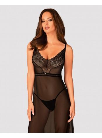 A translucent long Obsessive Estiqua chemise xs/s, black, asymmetrical cut