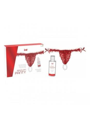 Набір Intt BRAZILIAN PANTY RED: трусики на зав'язках S-XL з перлинним кільцем + полунична змазка