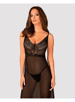 A translucent long Obsessive Estiqua chemise m/l, black, asymmetrical cut