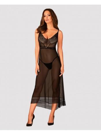 A translucent long Obsessive Estiqua chemise m/l, black, asymmetrical cut