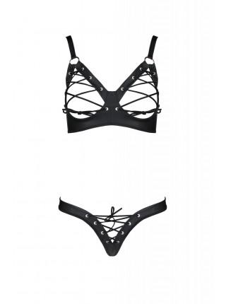 Комплект из экокожи Passion Celine Bikini 4XL/5XL black, открытый бра, стринги со шнуровкой
