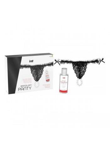 Набір Intt BRAZILIAN PANTY BLACK: трусики на зав'язках S-XL з перлинним кільцем + полунична змазка
